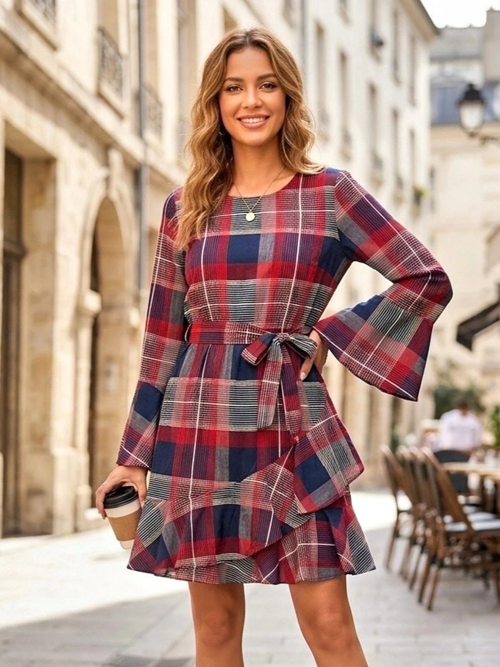 Promesa Plaid Layered Ruffle Dress Red Navy Long Flared Sleeve Waist Tie Size Sm
